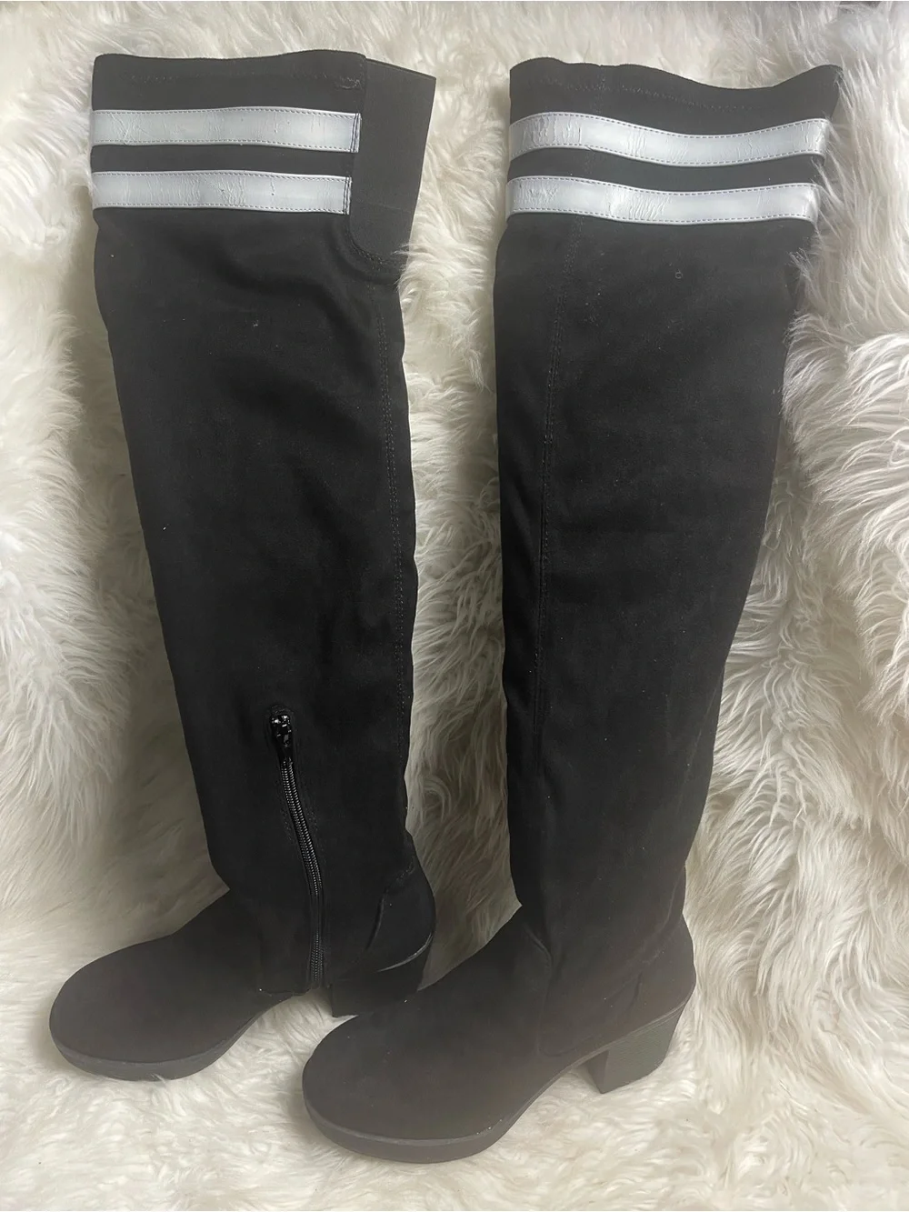 Lust For life Over-the-Knee Black Fabric Block Heel Boots white Stripes SZ9M